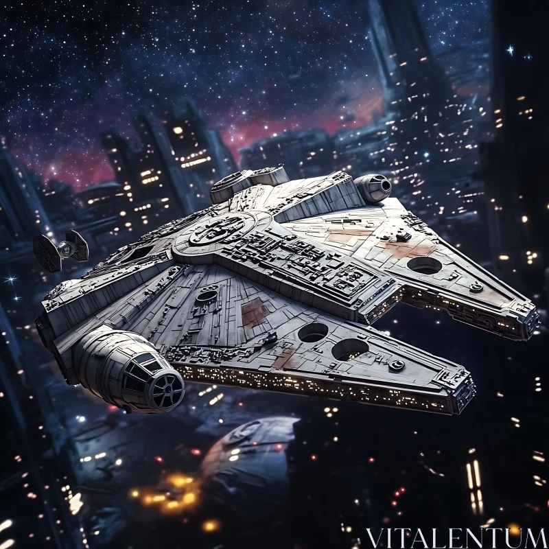 Spaceship Soaring Above Advanced Urban Nightscape