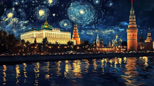 Kremlin at Night with Starry Sky