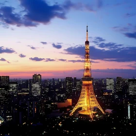 Cityscape at Dusk with Golden Lit Tower