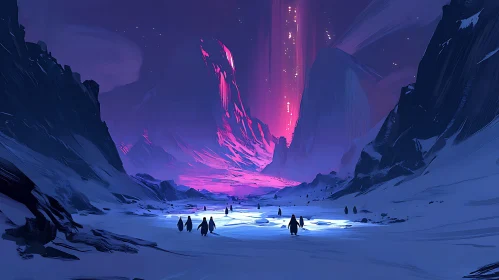 Penguins Trekking in a Surreal, Glowing Landscape
