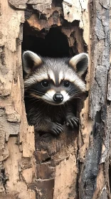 Raccoon Peeking From Tree