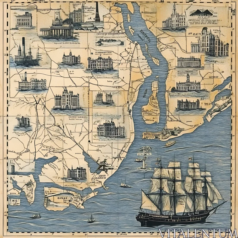 Vintage Nautical Map with Historical Landmarks