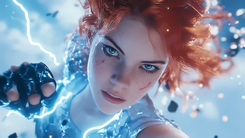 Powerful Red-Haired Heroine in Electrifying Fantasy Scene