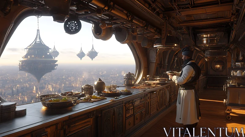 AI ART Chef in a Steampunk Kitchen with Floating Buildings