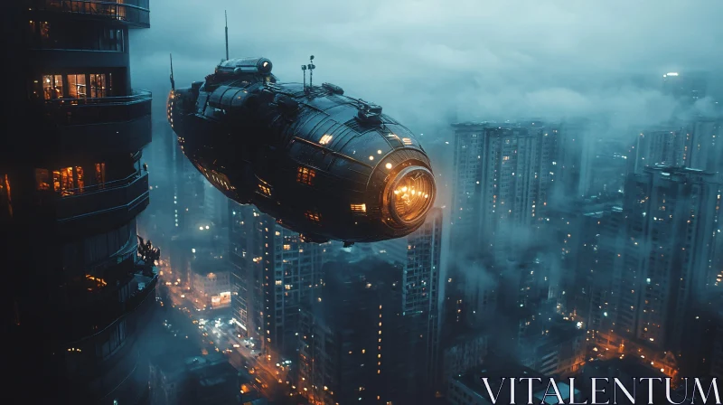 Spaceship Amidst Foggy High-Rise City at Night AI Image