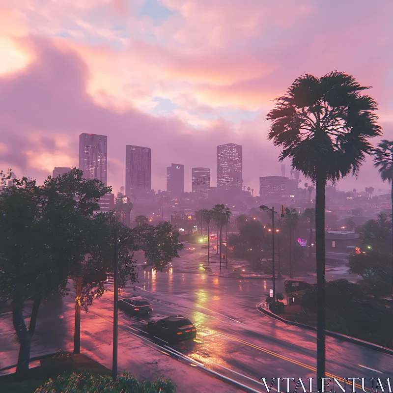 Rainy Sunset Over a Vibrant Urban Landscape AI Image