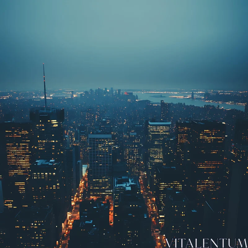 Urban Skyline at Night with Illuminated Buildings AI Image