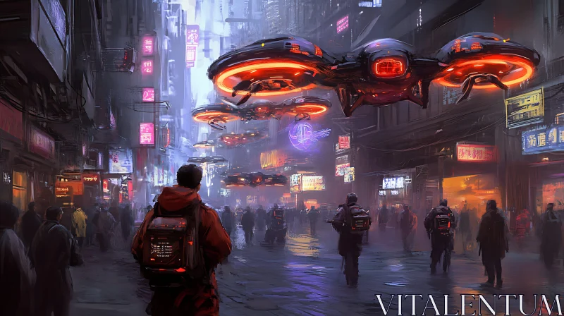 AI ART Cyberpunk City with Illuminated Drones