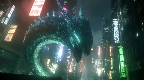 Cyberpunk Dragon in Futuristic City at Night