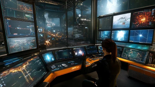 High-Tech Control Room in a Cyberpunk City