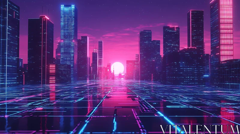 Cyberpunk Skyline with Setting Sun AI Image