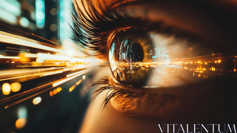 Futuristic Eye with City Reflection and Light Trails AI Image