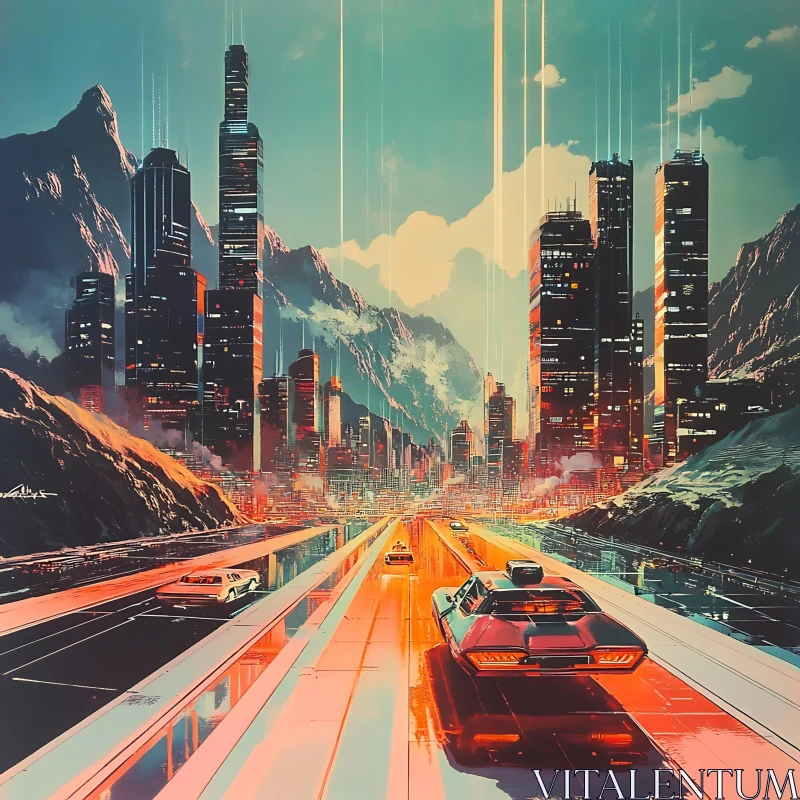 Neon-Lit Futuristic City with Mountains AI Image