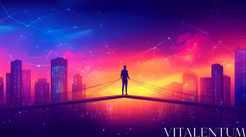 AI ART Person in Silhouette on Bridge Over Futuristic City