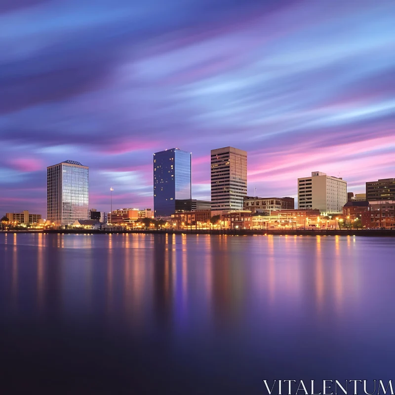 AI ART Urban Skyline at Twilight with Reflective Water