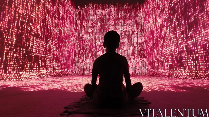 Meditation Amidst Glowing Binary Code AI Image