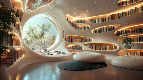 Innovative Library Design with Circular Window and Warm Lighting