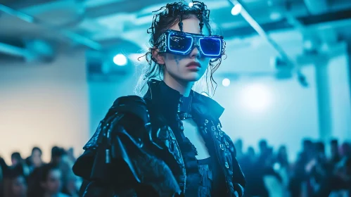 Runway Fashion: Futuristic Neon Glasses and Black Avant-Garde Outfit