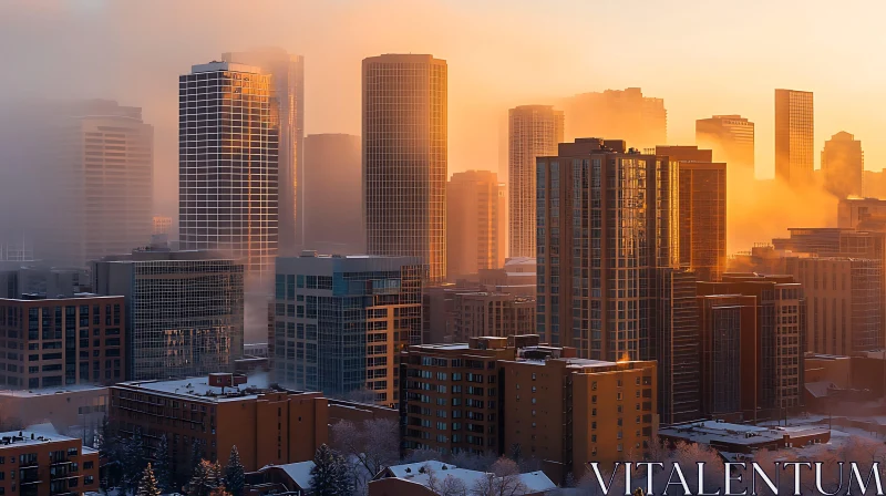 AI ART Foggy Urban Sunrise with Snow-Capped Buildings