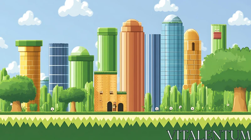 Playful Pixel Cityscape with Greenery AI Image