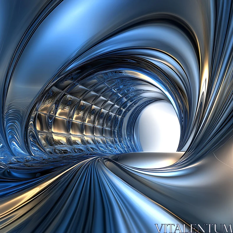 Futuristic Curved Metallic Tunnel in Shades of Blue AI Image