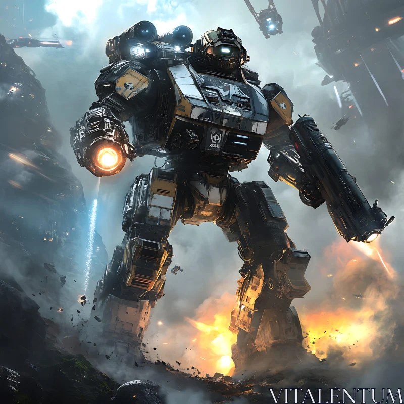 Futuristic Battle Mech in Action AI Image