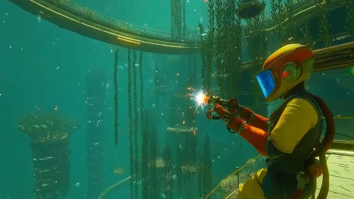 High-Tech Diver in a Submerged Futuristic Lab