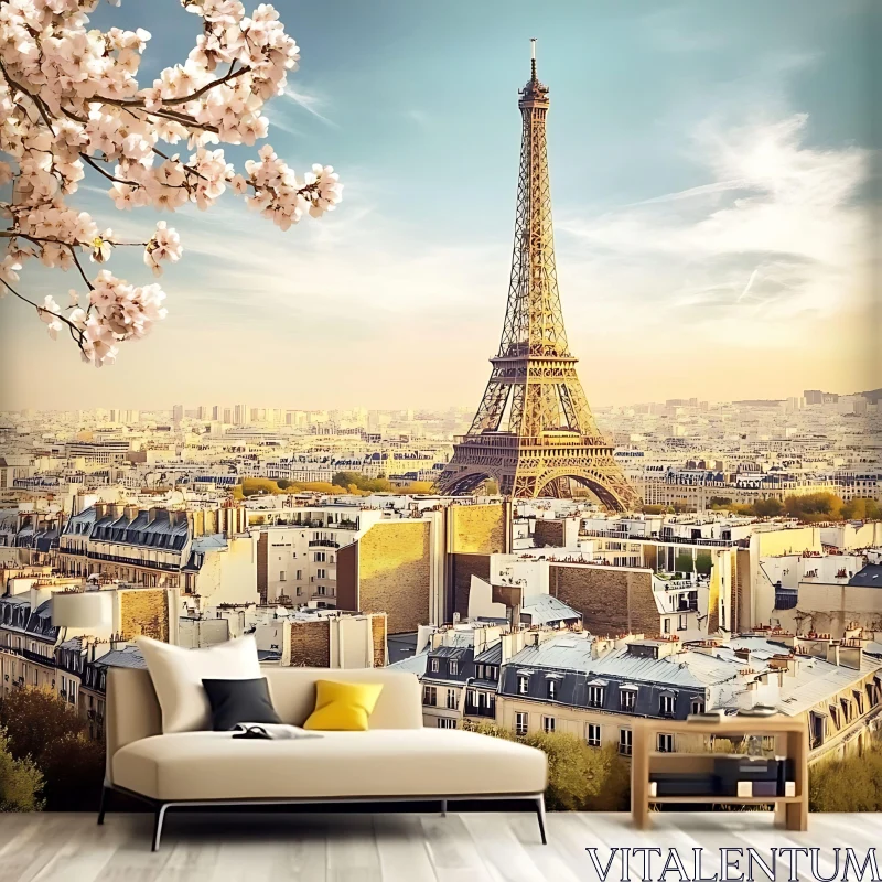 AI ART Paris Cityscape Decoration with Cherry Blossoms