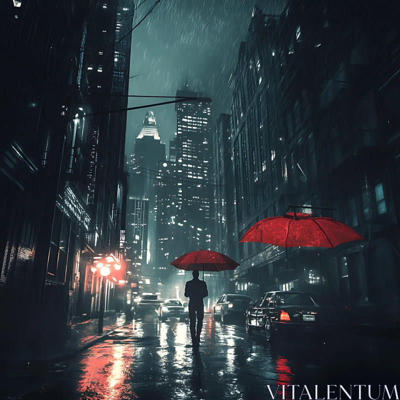 Moody Rainy City Night with Red Umbrellas AI Image