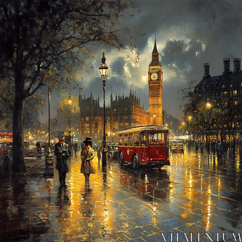 London Night Urban Scene with Big Ben and Street Reflections AI Image