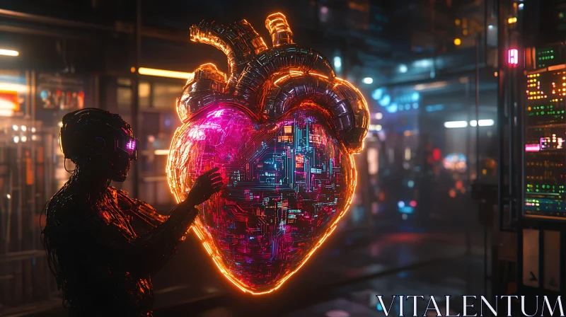 Futuristic Cyborg and Neon Heart Interaction AI Image