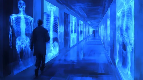 Eerie Blue Hallway with Human X-Rays