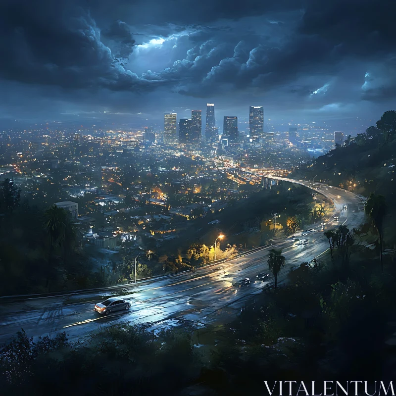 Urban Nightscape with City Lights and Dramatic Skyline AI Image