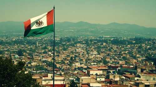 Cityscape of Mexico with Prominent Flag