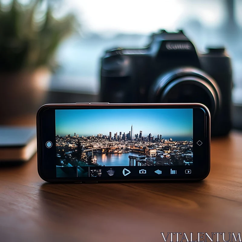 AI ART Smartphone Displaying Cityscape with Camera Setup