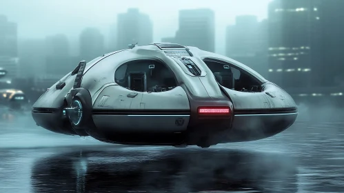 Advanced Hovercraft Against a Misty Cityscape