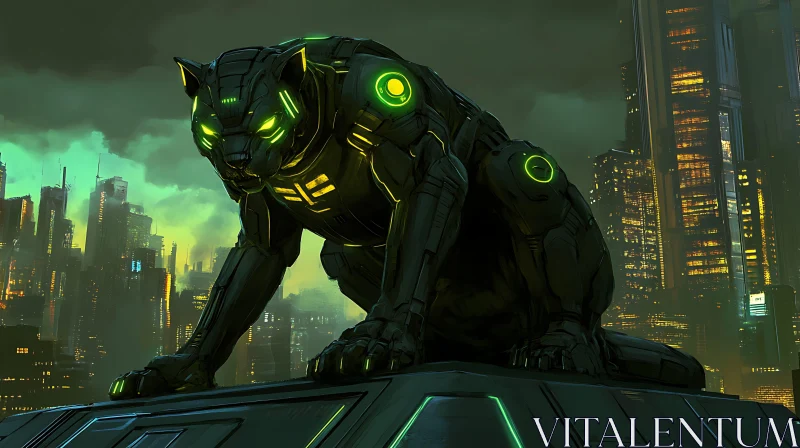 AI ART Cybernetic Panther with Glowing Green Accents in Futuristic Urban Setting