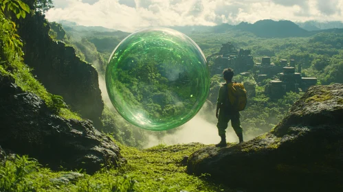 Explorer Confronts Enigmatic Green Sphere in Verdant Valley