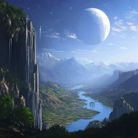 Surreal Nature Scene with Towering Mountains and Moon