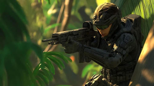 Advanced Combat Soldier Amidst Lush Jungle