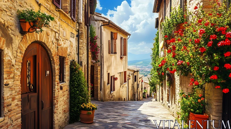 Picturesque Old Town Street with Flowers and Stone Buildings AI Image