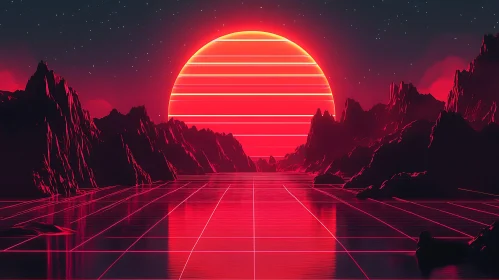 Neon Grid Sunset in Surreal Landscape