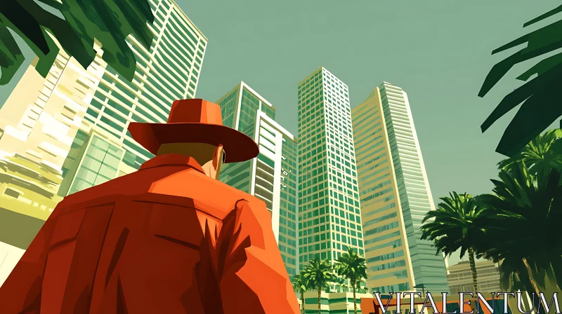 Man in Red Amongst Modern Skyscrapers AI Image