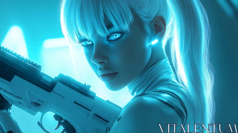 AI ART Neon Blue-Eyed Cyborg Wielding A Futuristic Gun