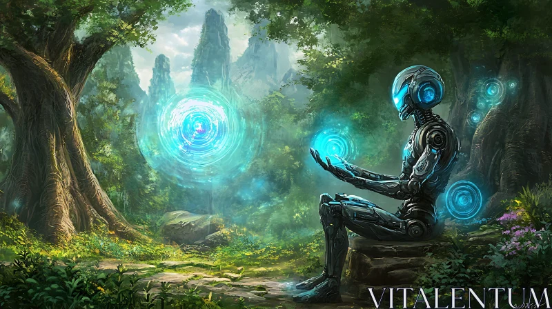 AI ART Cyborg Emitting Blue Energy in Enchanted Forest