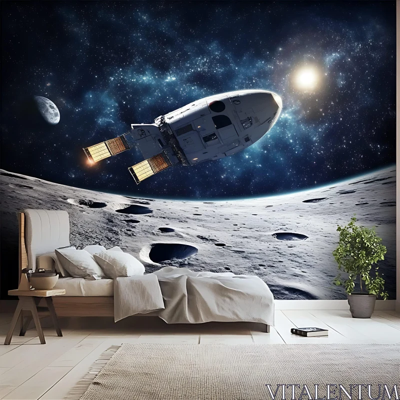 Cosmic Spacecraft Mural in Modern Bedroom AI Image