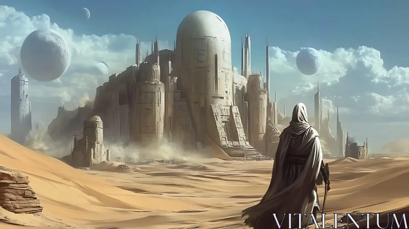 Sci-Fi Desert Scene with Mysterious Figure and Ancient Monoliths AI Image