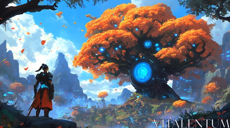 Fantastical Scene with Glowing Tree and Armored Character AI Image