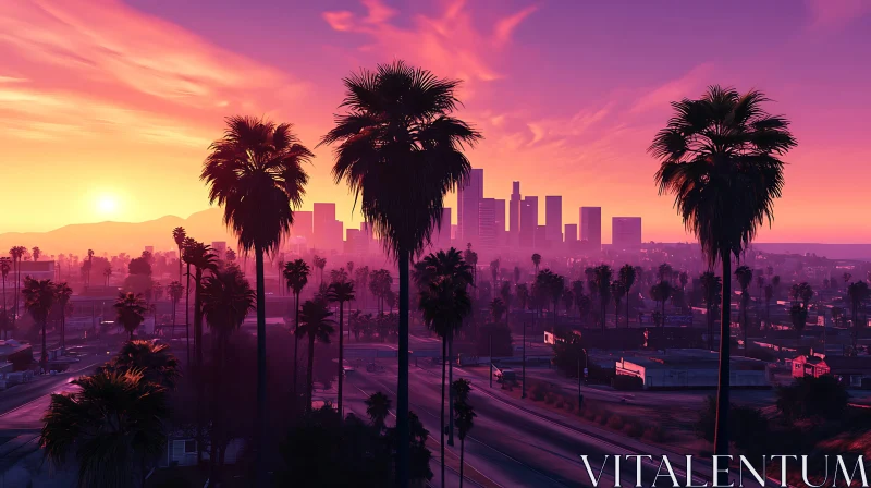 AI ART Purple and Orange Sunset Over City with Palm Trees