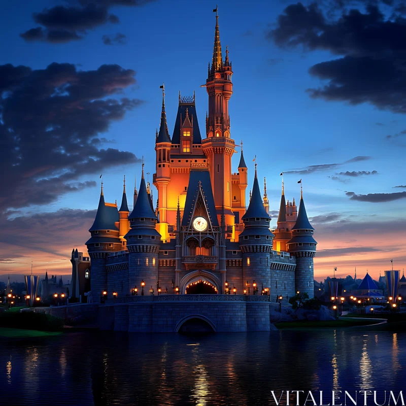 Magical Night Castle with Reflective Waters AI Image